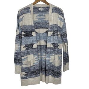 Lucky Brand Open Cardigan Women's L Aztec Southwestern Print Pockets Light Blue
